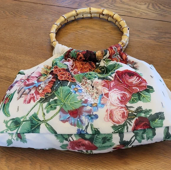 Christiana Rayon Floral Beaded Tote With 2 Bamboo Top Handles Large - Picture 4 of 14